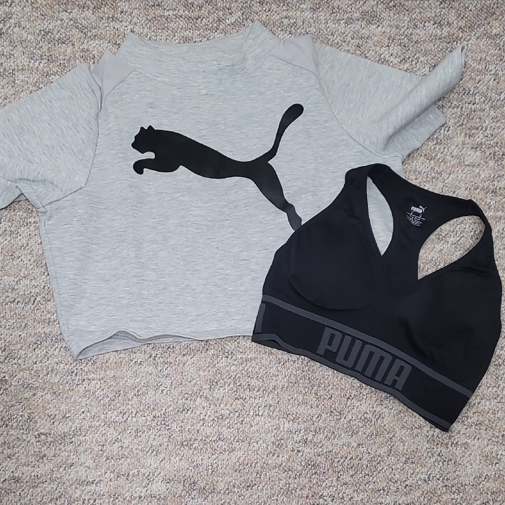 Puma Gray Crop Top and Black Sports Bra Set